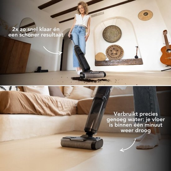 Techweise TC1 Aspirateur balai sans fil Wet & Dry - 30 min d'autonomie - 3 modes de nettoyage - Fonction autonettoyante - 220W - Noir