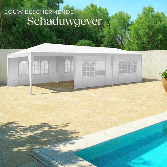 tectake® Pavillon Miramas - Tente de réception 9x3 m - Blanc - 8 panneaux latéraux amovibles - Pavillon de jardin résistant aux UV et à l'eau - Lignes de tension et piquets inclus - Auvent