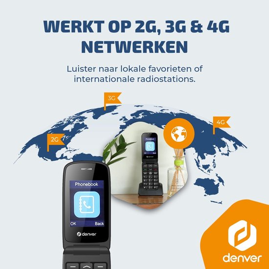 Téléphone portable Denver pour seniors 4G - Grandes touches - Bouton SOS - Grandir sans smartphone - Station de recharge - GSM - Bluetooth - Radio FM - Entièrement en néerlandais et en français - Modèle 2026 - BAS24800L