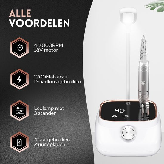 Beeperfect® Lime à ongles électrique édition de bureau - Moulin à ongles - Ensemble manucure et pédicure - 40 000 tr/min - sans fil et rechargeable - 11 embouts, 3 accessoires et 56 rouleaux de ponçage - or rose