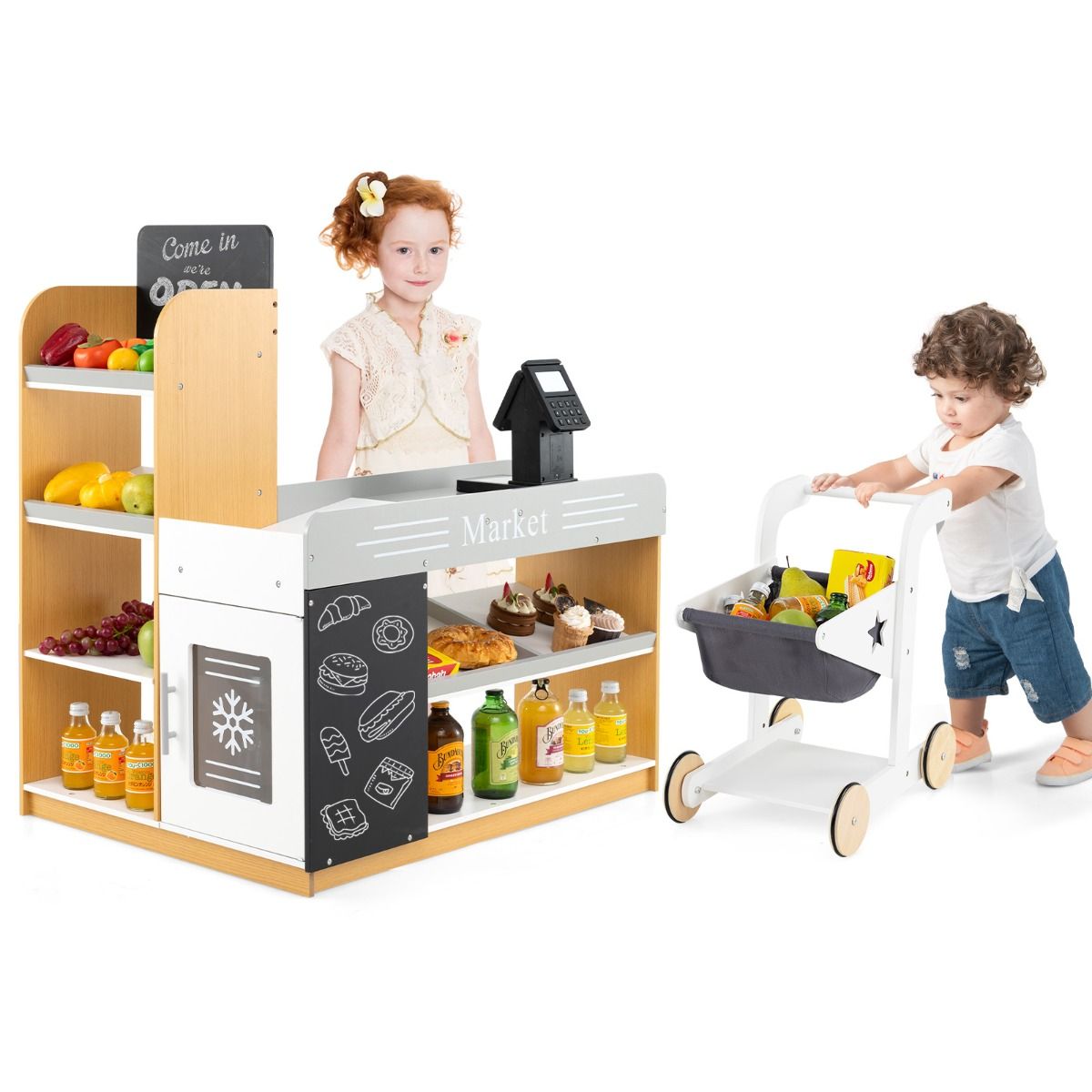 Ensemble de jeu « Coast » en bois sur le thème du supermarché pour enfants - Avec caddie et caisse - Avec tableaux noirs - Multicolore