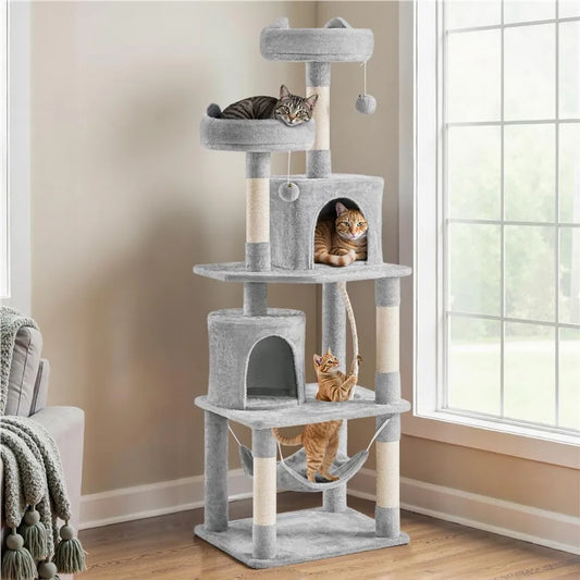 Yaheetech : grand arbre à chat avec 2 maisonnettes et un hamac - Gris clair - 181 cm