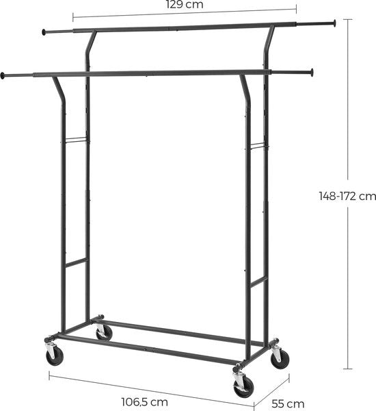 O'DADDY® Kledingrek op wieltjes - Garderoberek - Kledingstang - Verstelbaar en Uitschuifbaar - Industriële Wielen - Metaal - Stabiel tot 110 kg - Zwart