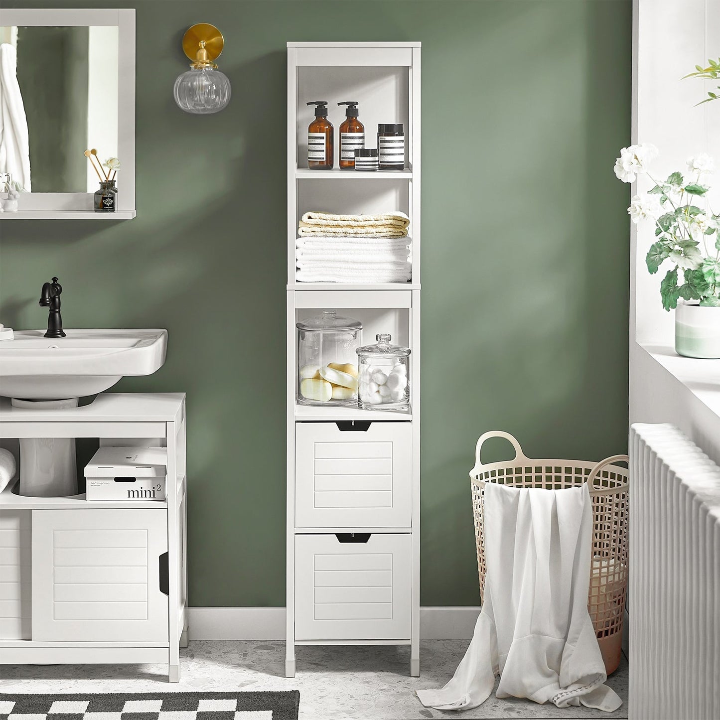 SoBuy Meuble de salle de bain haut avec repose-pieds - 2 tiroirs - acier - 30x30x144cm