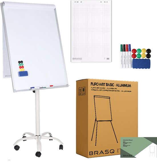 BRASQ Flipover Mobile - 70x100 cm - Tableau blanc ajustable - Comprend 25 feuilles de papier, 4 marqueurs, 8 aimants, une gomme - Flipover avec trombone et crochets - Tableau magnétique - Tableau magnétique - Blanc