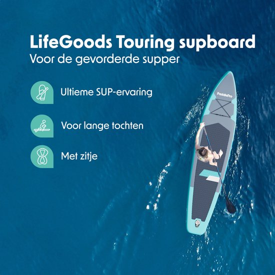 LifeGoods SUP Board Touring - 165 KG de capacité de charge - 365 x 76 cm - gonflable - avec siège - paquet Sup complet - Turquoise