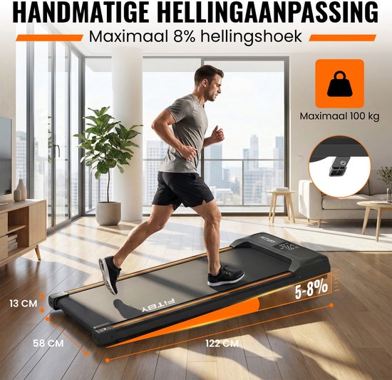 Tapis de course Fitby - Tapis de course avec inclinaison 5% - 8% - Tapis de course 1-8 km/h - Tapis de course - Tapis de marche - Noir Orange