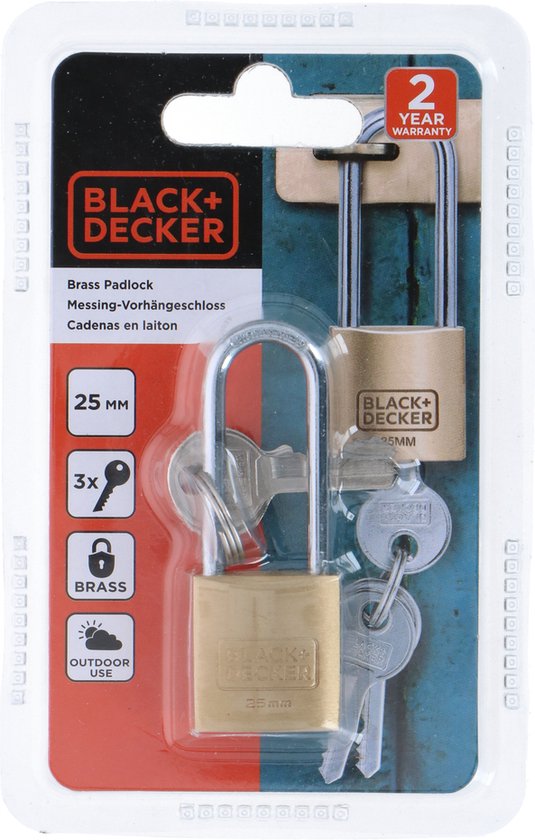 BLACK+DECKER Cadenas - 25mm - Anse longue - 3 clés incluses - Serrure en laiton massif