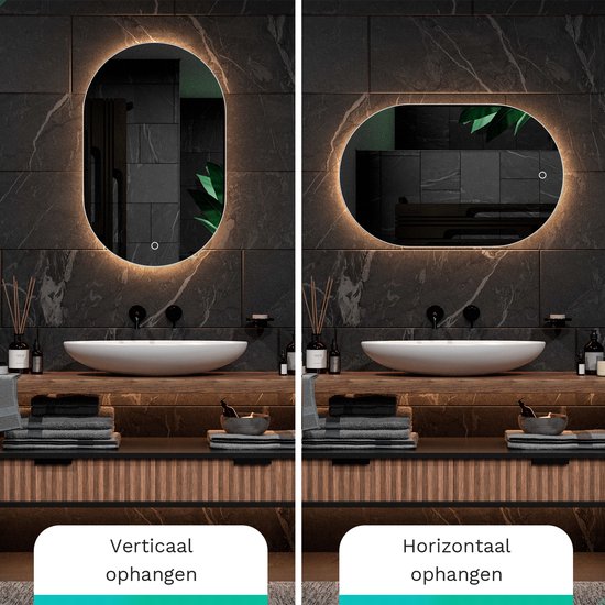 Mirlux Miroir de salle de bain avec éclairage LED et chauffage - Miroir mural ovale - Miroir de douche anti-condensation - 90x60CM