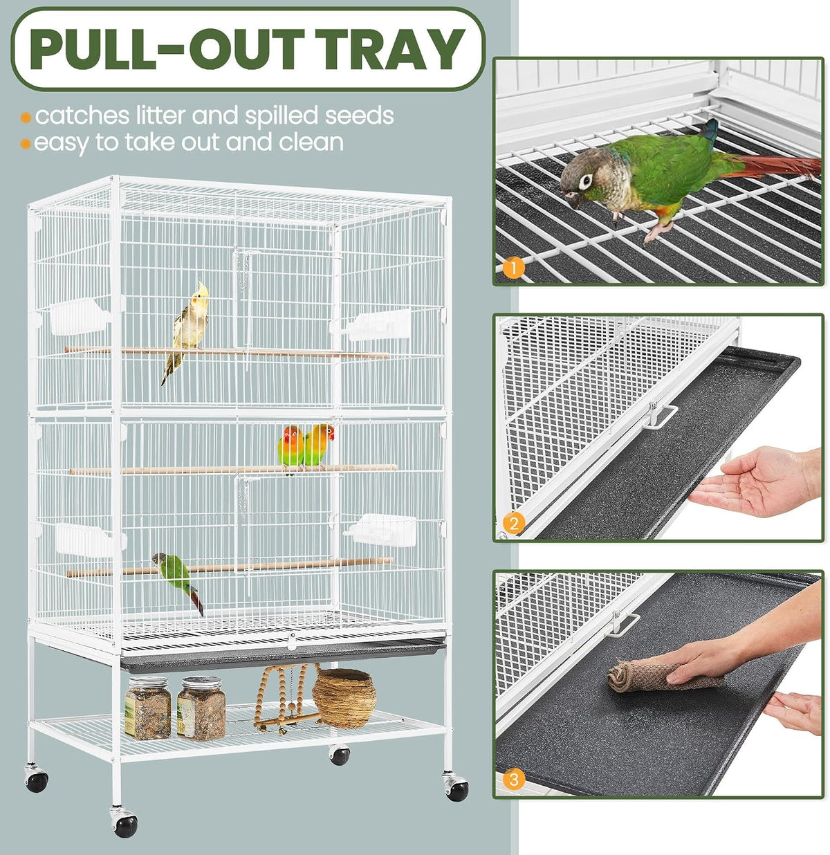 Cage à oiseaux Yaheetech avec support – 79 × 51,8 × 132 cm – Blanche – Cage pour perruches avec roulettes, 3 perchoirs en bois et 4 mangeoires
