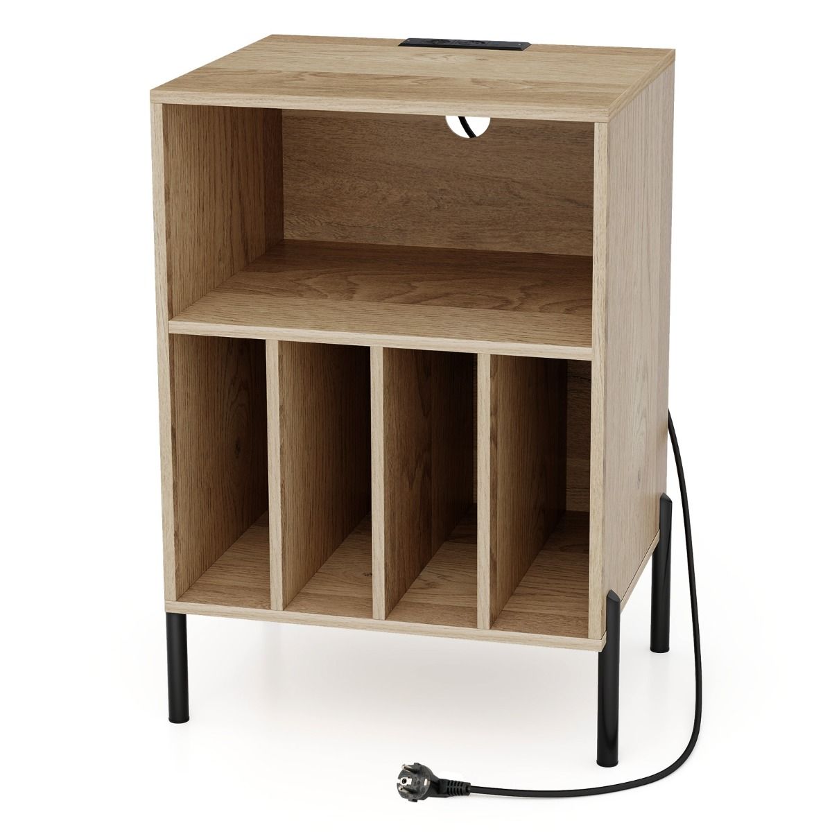 Étagère à vinyles Coast avec station de recharge - 4 compartiments - adaptée à une platine vinyle - couleur naturelle