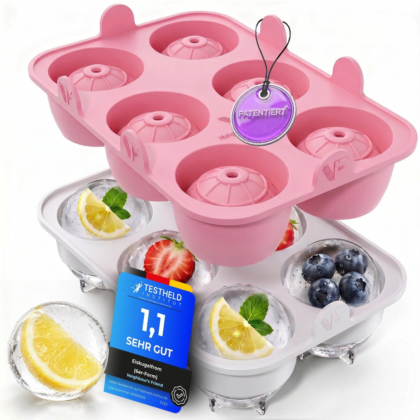 Lot de 2 moules à glaçons Eiskugelform XXL roses brevetés par Neighbour's Friend – Grands moules à glaçons ronds en silicone platine