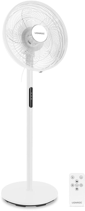 Ventilateur de sol VONROC - Ø 45,5 cm - 4 vitesses et mode veille – minuterie - réglable sur 3 hauteurs - télécommande incluse - blanc