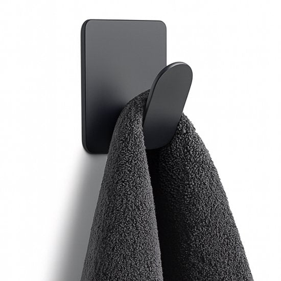 Crochets à serviettes auto-adhésifs - 1 pièce - Noir mat - Porte-serviettes de salle de bain - Porte-serviettes - Crochets muraux - Crochets de porte - Système d'accrochage pour peinture - Crochet à manteau - Ventouse avec crochet
