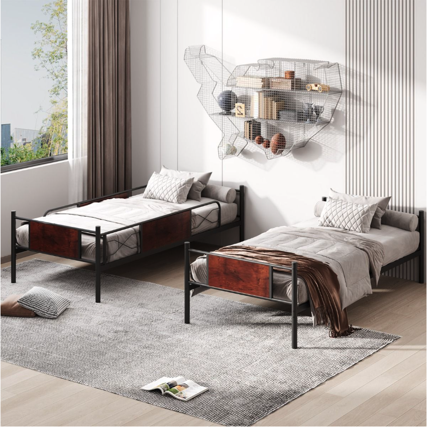 Coast - Cadre de lit superposé en métal - 2 en 1, aspect bois et barre de sécurité de 30 cm - L 198 x l 95 x H 156 cm - Métal/MDF - Noir/Marron