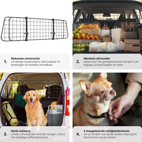 tectake® - Porte-chien pour voiture - Universel avec largeur variable jusqu'à max. 154 cm - Protection et séparation du coffre - 2 ceintures de sécurité incluses - Montage facile
