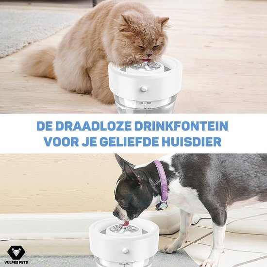 Vulpes Goods® Pets - Abreuvoir pour chat et chien - Abreuvoir sans fil pour chat - Abreuvoir et fontaine à eau pour chat - Rechargeable, portable et sans fil - Abreuvoir pour chien - Anti-déversement - Version PRO