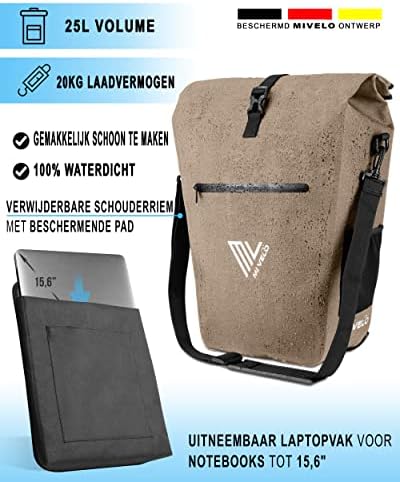 Sac de vélo MIVELO pour porte-bagages - 100 % imperméable, sans PVC, compartiment pour ordinateur portable, beige sable