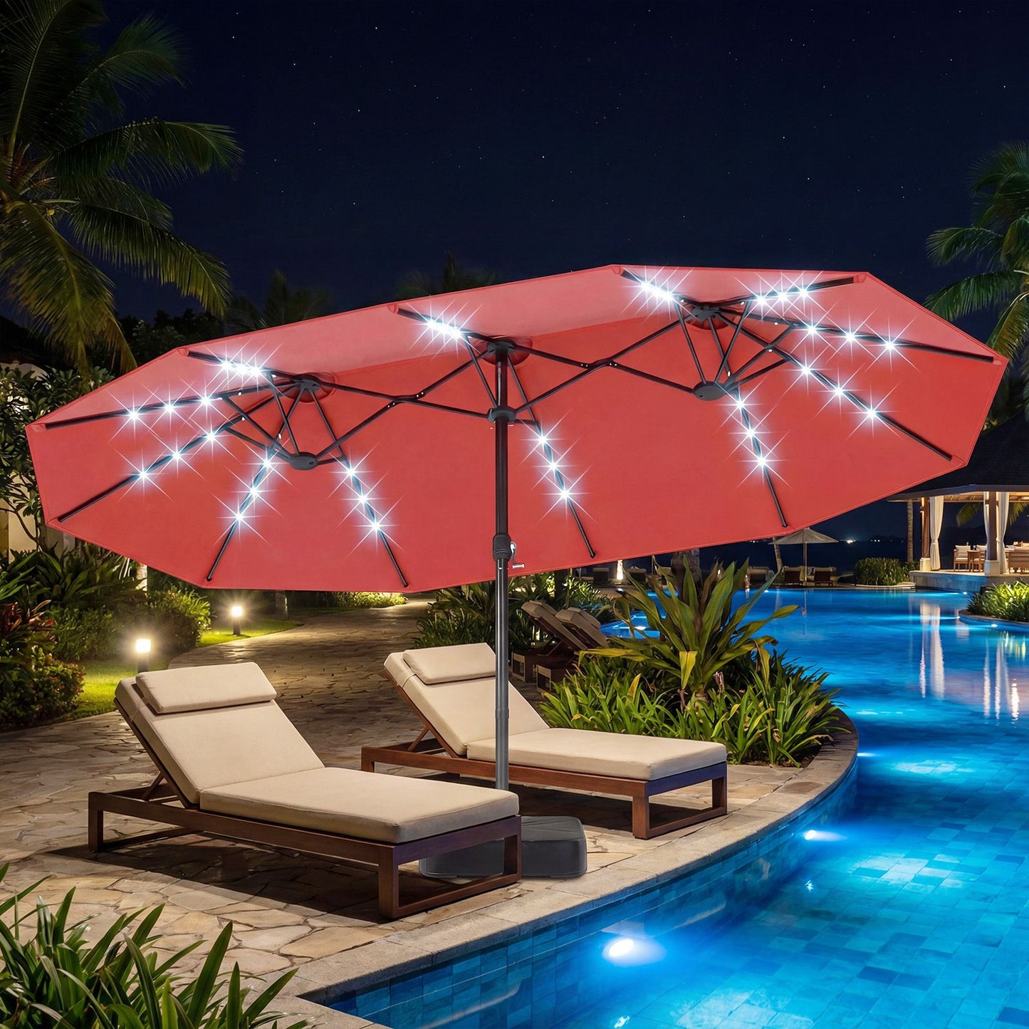 Coast 460 x 285 cm – Parasol de jardin double orange avec 48 LED à énergie solaire – Parasol extra-large avec panneau solaire à recharge automatique
