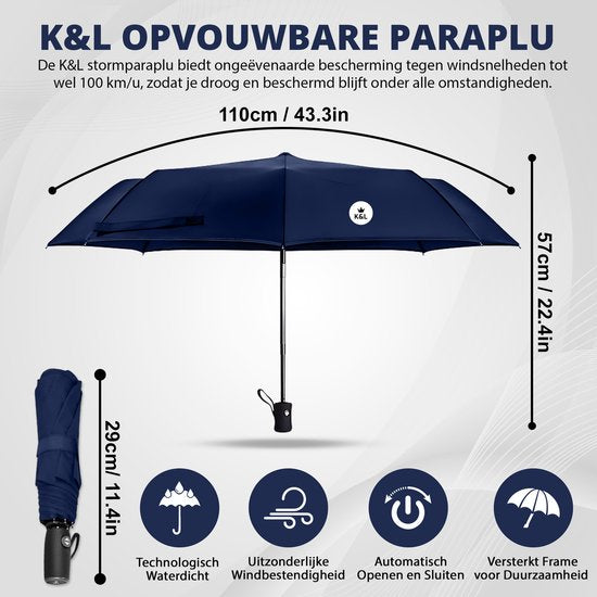 K&L Storm Parapluie pliable - Résiste à la tempête jusqu'à 100km/h - Parapluie à déploiement automatique - Housse de protection incluse - Bleu