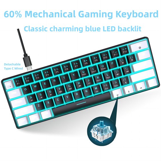 HXSJ V900 - Clavier de jeu filaire - mécanique - RVB - commutateur bleu - 61 touches - claviers QWERTY - noir blanc