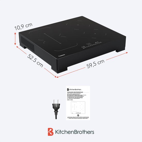 KitchenBrothers Plaque de cuisson à induction - Plaque de cuisson à induction autoportante - 60 cm - 4 zones - 1x Flexzone - 1 phase - Jusqu'à 3500W - Noir
