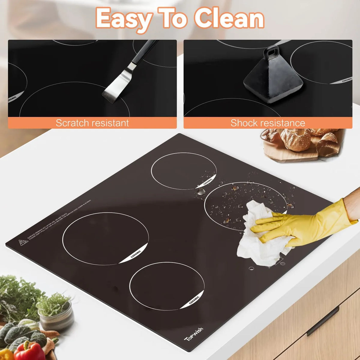 Plaque de cuisson encastrable en céramique Topwish 4 zones - 60 cm - 6 600 W - Commande tactile - Sécurité enfants