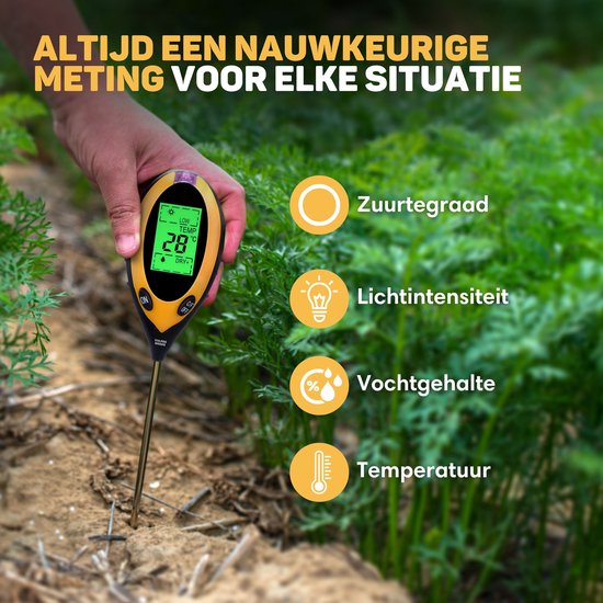Vulpes Goods® Humidimètre pour plantes - 4 en 1 - hygromètre - intérieur et extérieur - hygromètre pour plantes d'intérieur - - pH, photomètre, thermomètre et humidimètre - Humidimètre pour sol - Version PRO - Batterie incluse