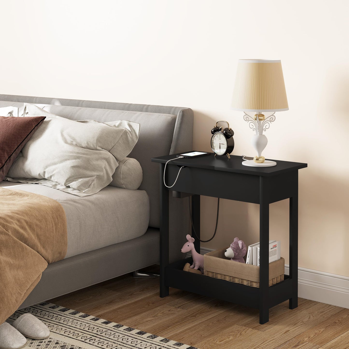 EUGAD 0002CHJ : table d'appoint avec prise électrique - plateau rabattable - 3 étagères de rangement - noir
