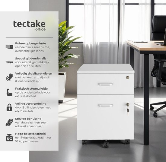 tectake® Meuble à tiroirs - Avec 2 tiroirs verrouillables, roulettes verrouillables - Meuble à roulettes - Organisateur - Parfait pour un lieu de travail organisé - Bureau, bureau d'étude, home office - Blanc