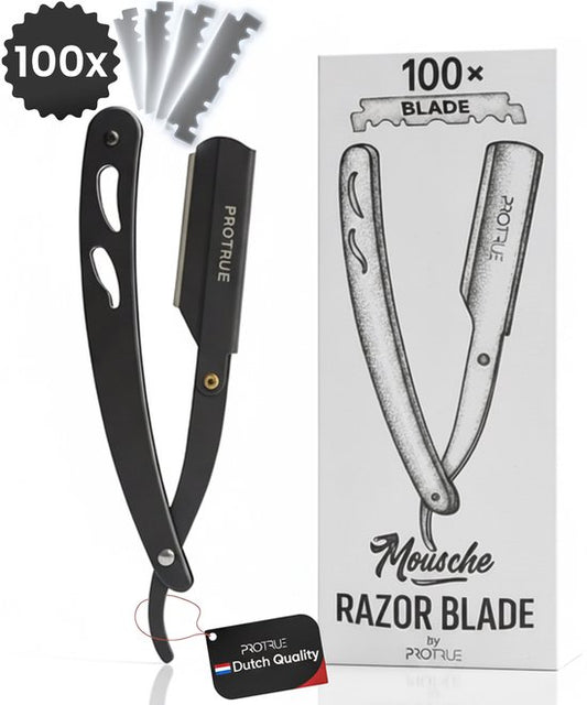 Rasoir ouvert ProTrue avec 100 lames - Rasoir de barbier classique - Shavette - Rasoir de sécurité - Rasoir ouvert pour hommes