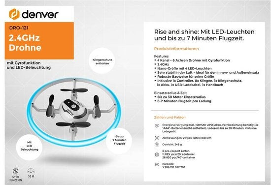 Denver Mini Drone voor Kinderen en Volwassenen - 30m Bereik - Gyro Functie - LED Licht - DRO121 - Zwart/Wit