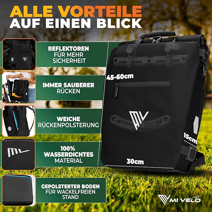 MIVELO Pannier - Sac à dos et sac à bandoulière 3-en-1 - Étanche - 20 litres - Noir