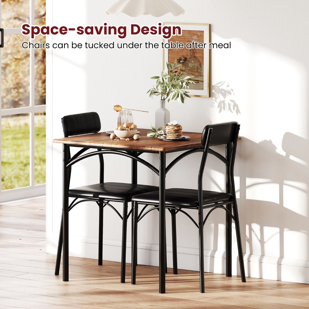 Ensemble de salle à manger Coast - table carrée avec 2 chaises - revêtement en simili cuir - noir et marron rustique