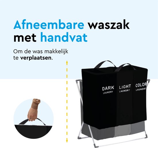 BRASQ Panier à linge pliable 3 compartiments - Trieur de linge 65x39x60 cm - Boîte à linge noire - 118 litres - Panier