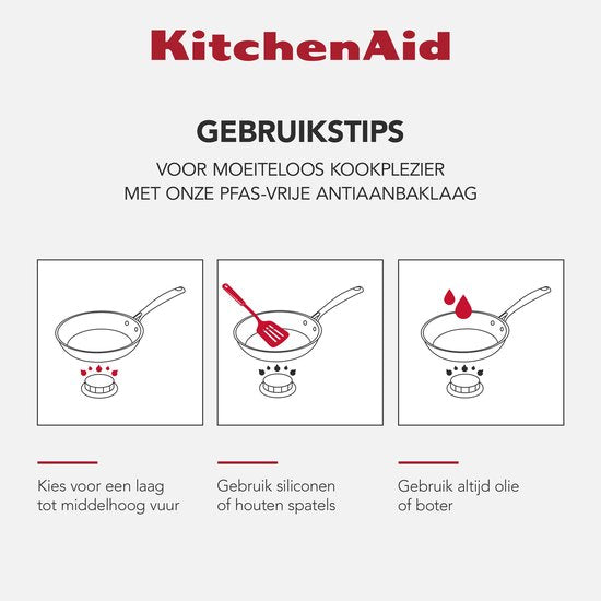 Ensemble de poêles en acier inoxydable KitchenAid, 3 pièces, 20/24/28 cm - Revêtement antiadhésif sans PFAS - Ensemble de poêles compatible induction - Poêle en céramique - Résistant au four jusqu'à 220 °C - Argent