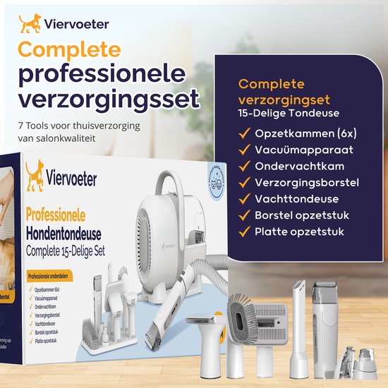Viervoeter® Tondeuse professionnelle pour chiens, 15 pièces, avec aspirateur - Pour poils épais - Aspiration et tonte - Kit de soins - Chats et chiens