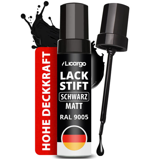 Stylo de retouche Licargo noir mat - stylo de retouche pour peinture automobile - pinceau de précision - couvrance élevée et séchage rapide - fabriqué en Allemagne