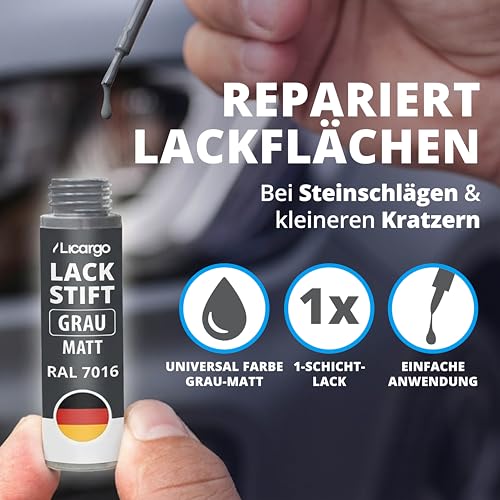 Stylo de retouche Licargo - gris anthracite mat RAL 7016 - peinture de retouche pour voiture, jantes et métal - avec pinceau de précision