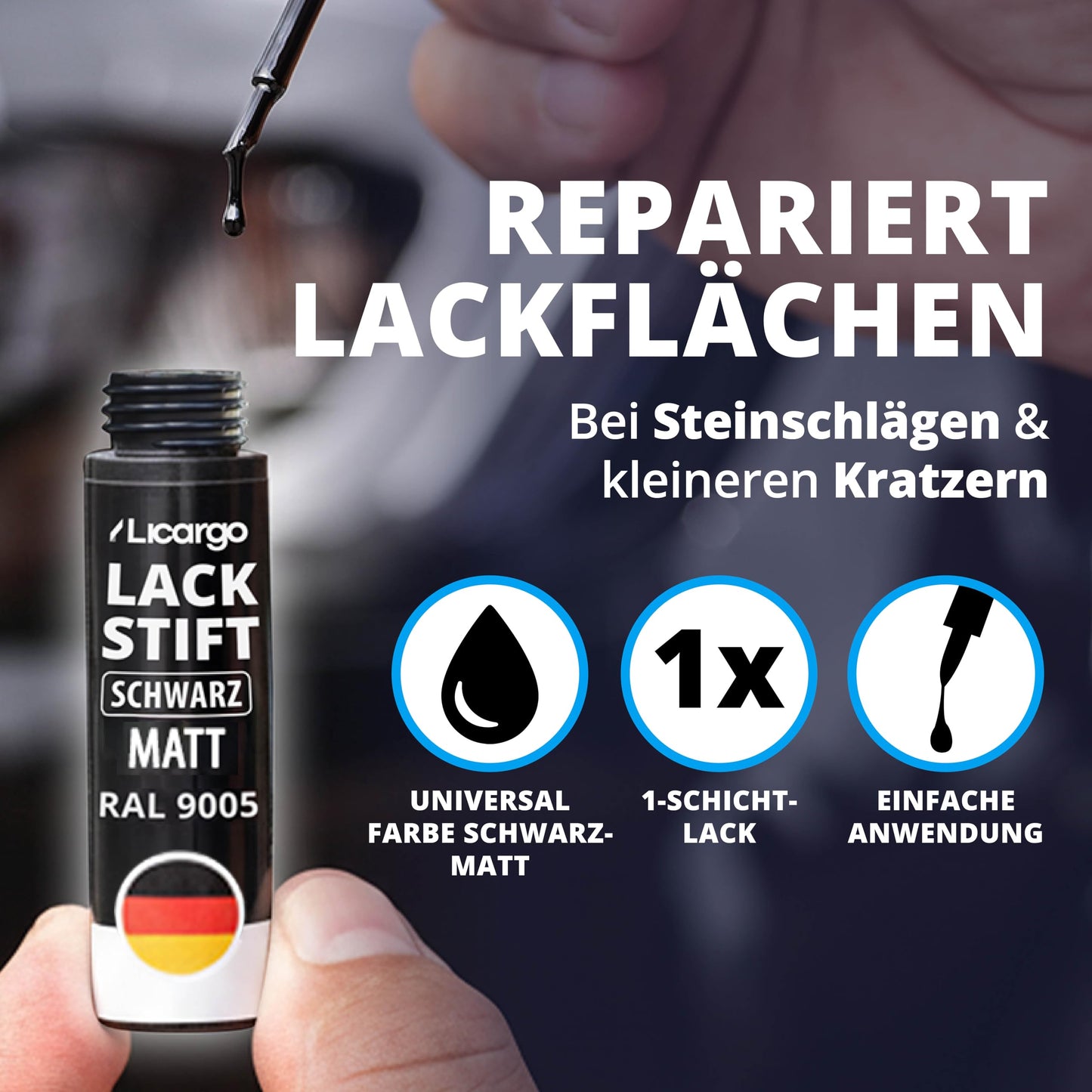 Stylo de retouche Licargo noir mat - stylo de retouche pour peinture automobile - pinceau de précision - couvrance élevée et séchage rapide - fabriqué en Allemagne