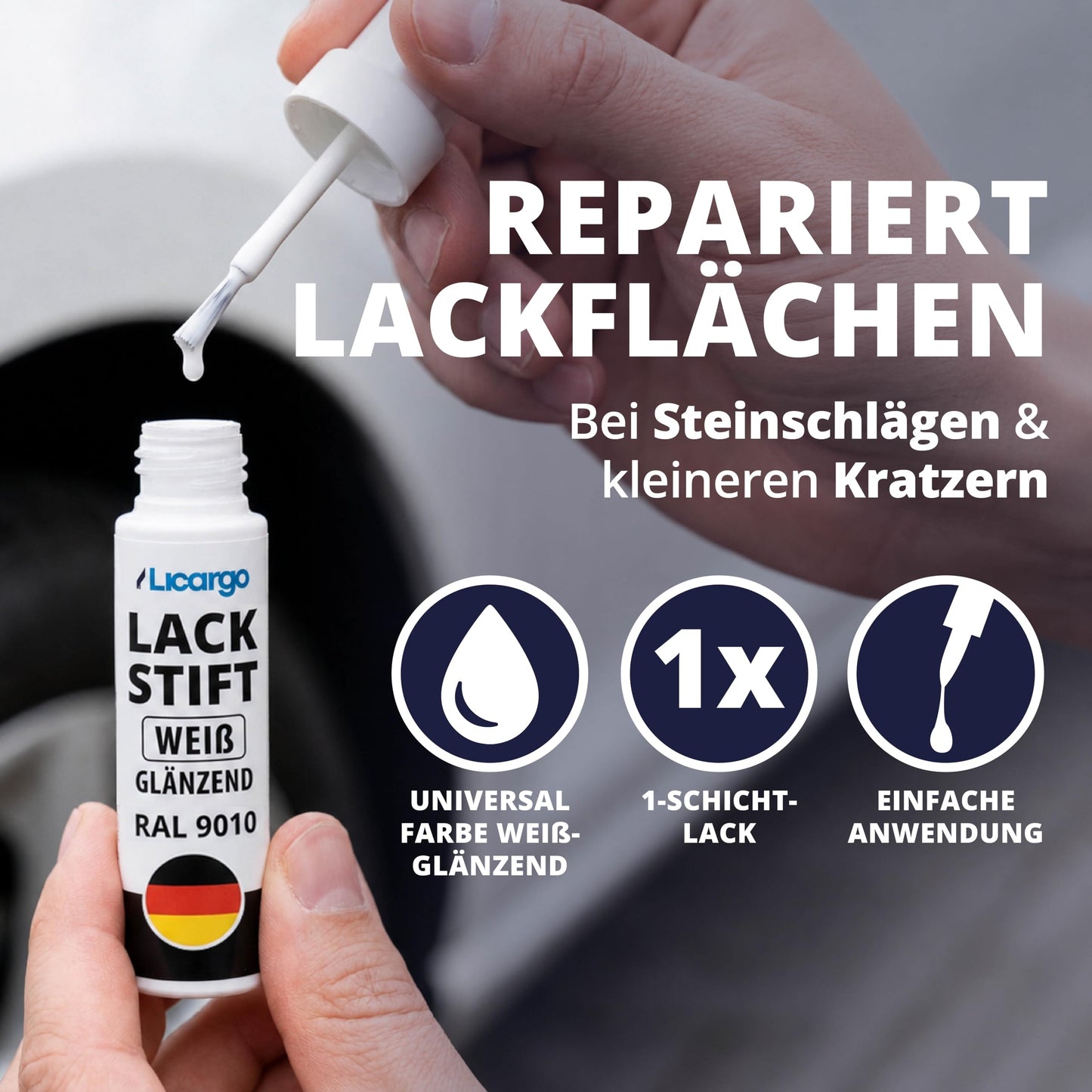 LICARGO stylo de retouche pour voiture - blanc brillant - avec pinceau de précision - couvrance élevée