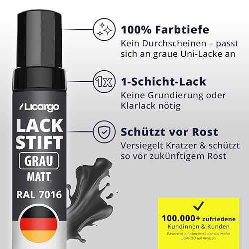 Stylo de retouche Licargo - gris anthracite mat RAL 7016 - peinture de retouche pour voiture, jantes et métal - avec pinceau de précision