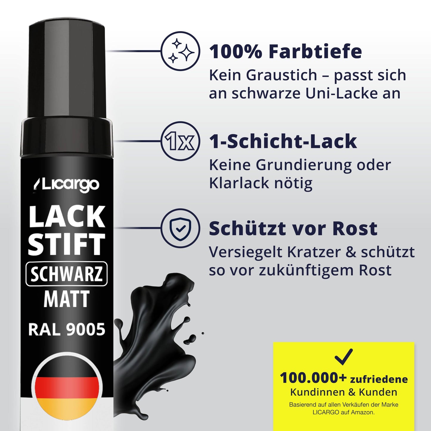 Stylo de retouche Licargo noir mat - stylo de retouche pour peinture automobile - pinceau de précision - couvrance élevée et séchage rapide - fabriqué en Allemagne