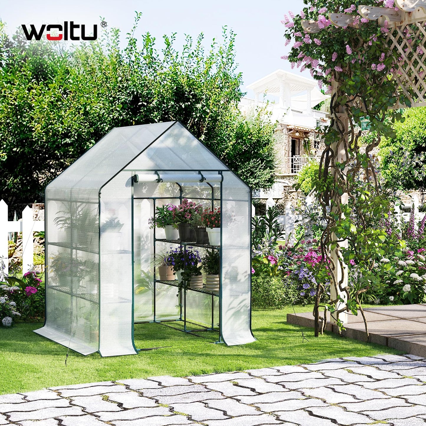 WOLTU serre à tomates - serre à feuilles avec 3 étagères - blanc - 143 x 143 x 195 cm