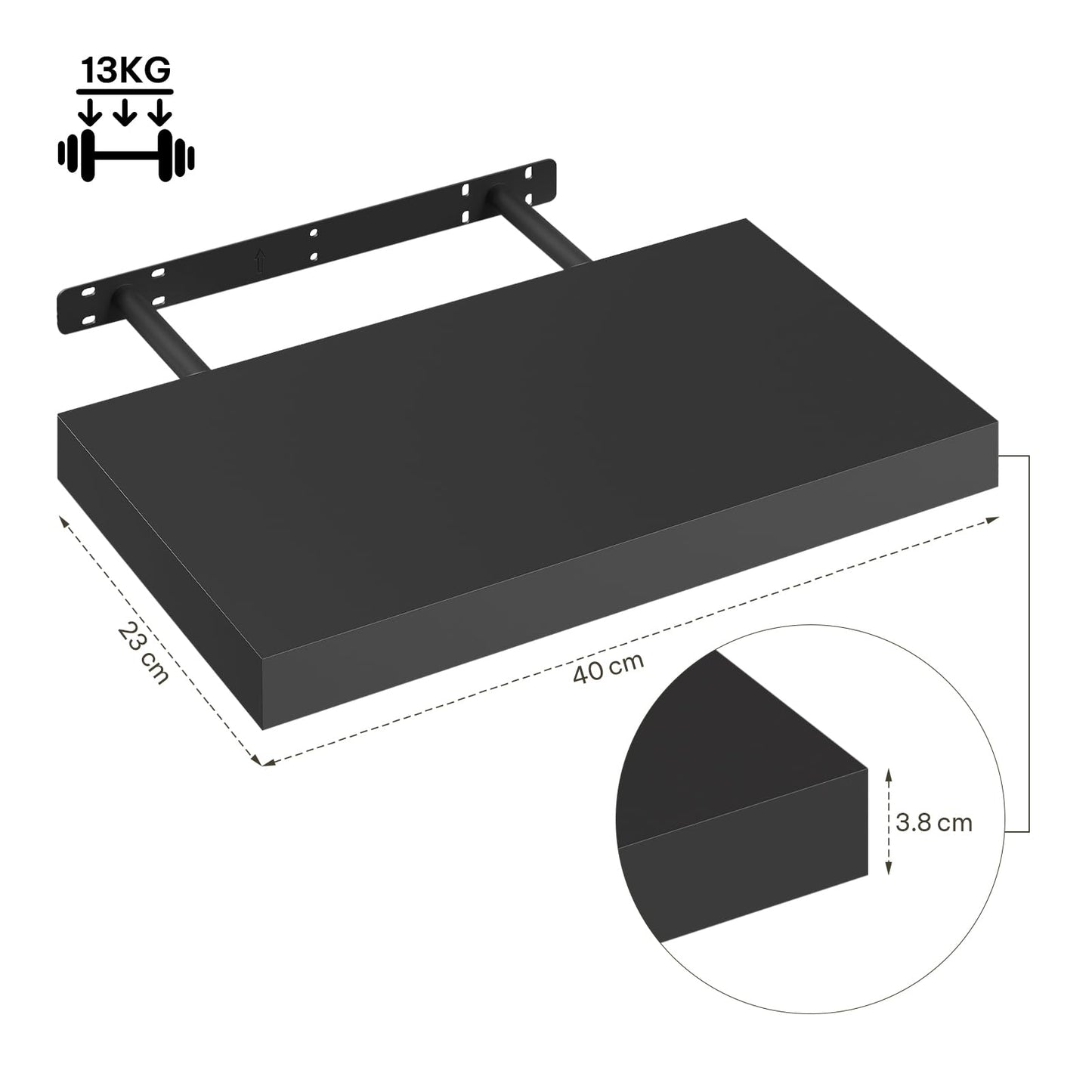 eSituro SWS0260 étagère murale flottante - étagère murale - MDF noir mat - 40 x 23 x 3,8 cm - capacité de charge 10 kg