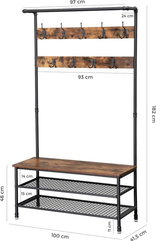 Goliving Porte-manteau XL - Porte-manteau - Porte-chaussures - Montant - Armoire industrielle - Métal/Bois - 100 x 41,5 x 182 cm - Marron/Noir