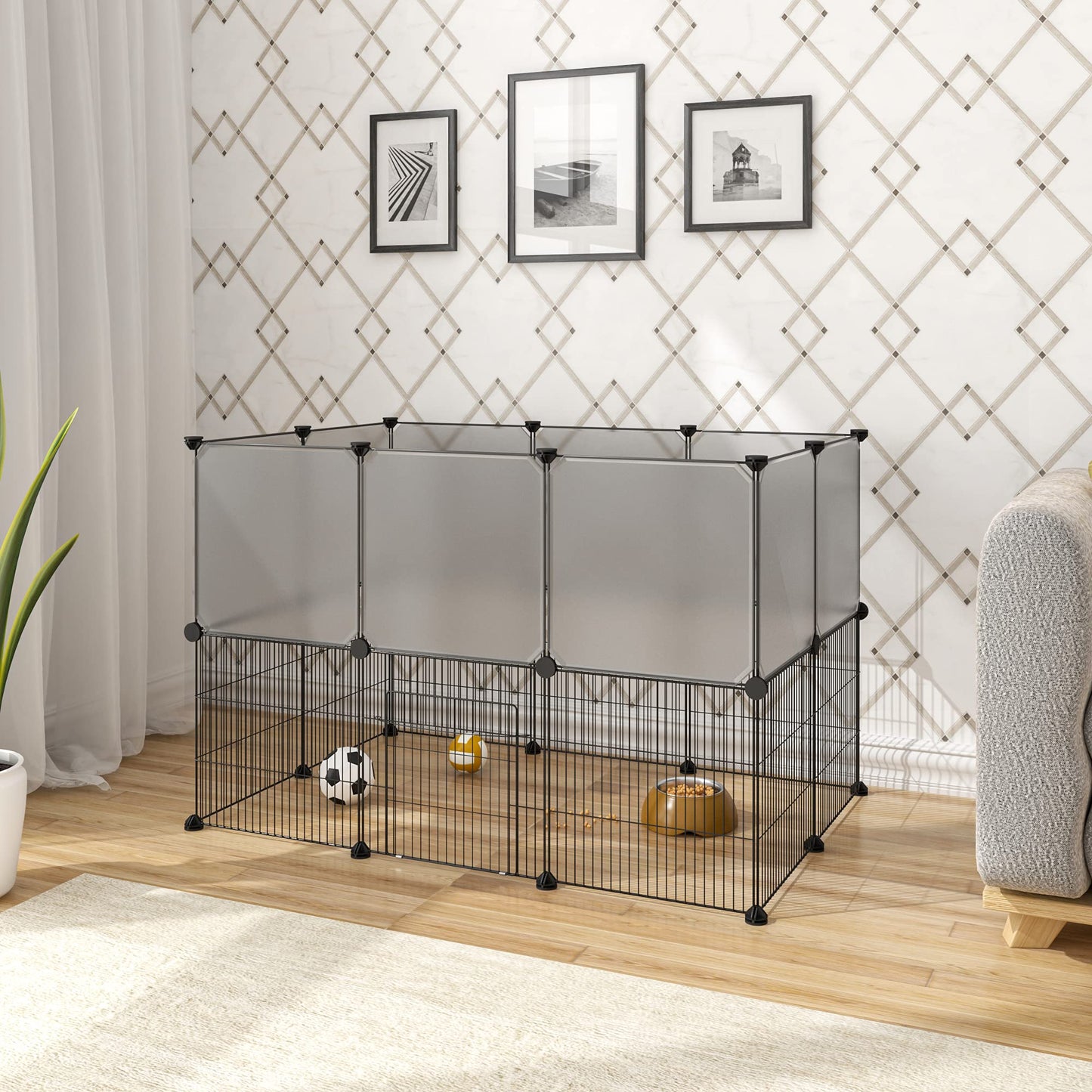 EUGAD parc à double plancher - parc modulaire pour chiots et rongeurs avec porte - gris - 107 x 72 x 72 cm - panneaux 35 x 35 cm