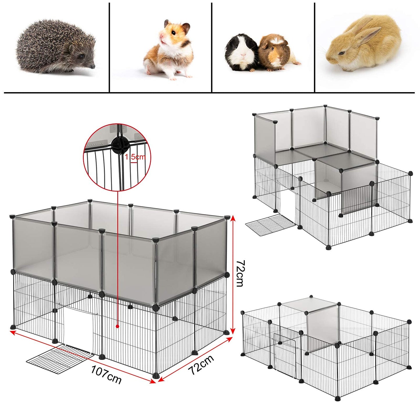 EUGAD parc à double plancher - parc modulaire pour chiots et rongeurs avec porte - gris - 107 x 72 x 72 cm - panneaux 35 x 35 cm
