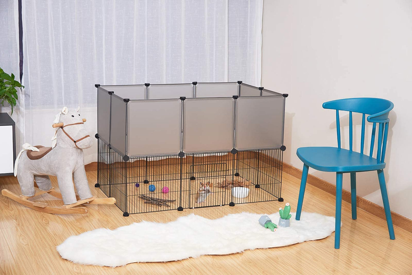 EUGAD parc à double plancher - parc modulaire pour chiots et rongeurs avec porte - gris - 107 x 72 x 72 cm - panneaux 35 x 35 cm
