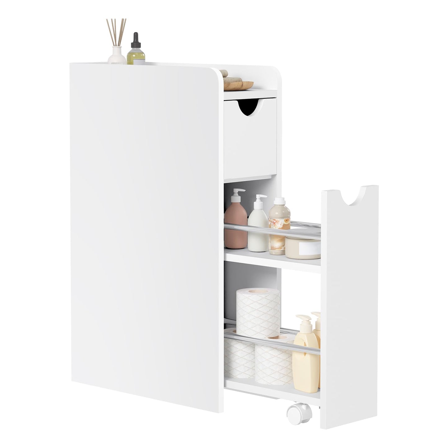 EUGAD meuble de salle de bain étroit - meuble de rangement indépendant - avec tiroir sur roulettes - blanc